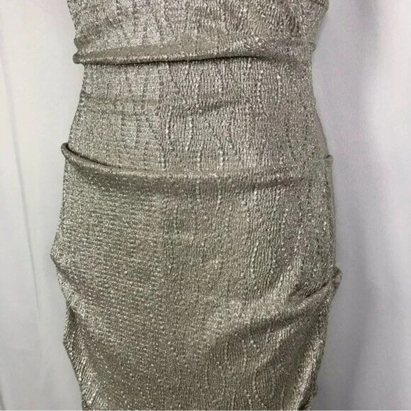 XScape High Neck Halter Metallic Champagne Ruched Formal Gown 4 - Picture 4 of 7